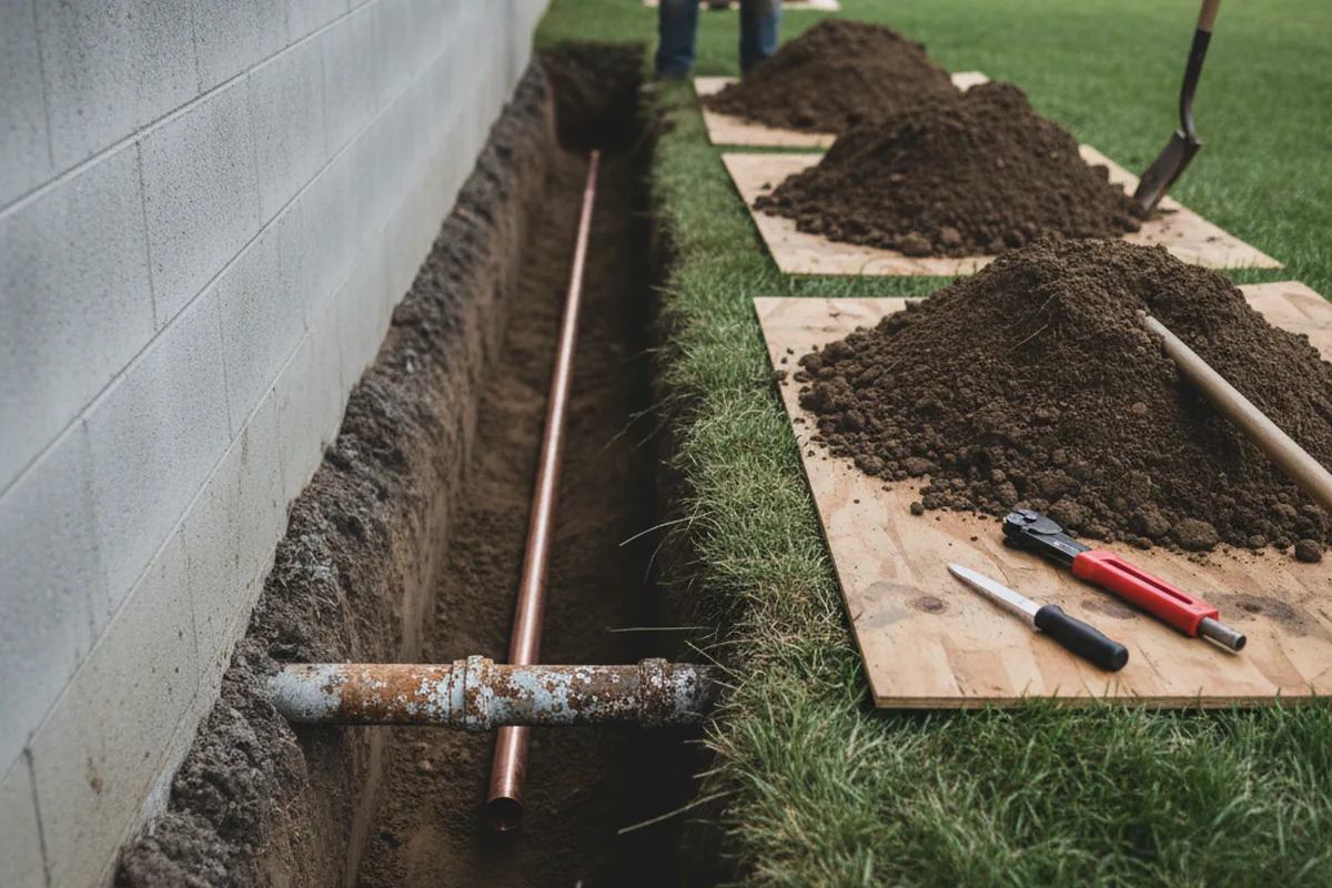 Excavated water line trench during Sewer Line Repair in Brooklyn